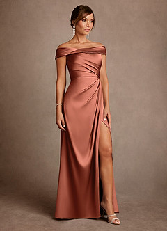 Azazie Bedford Mother of the Bride Dresses Clay Sheath Pleated Stretch Satin Dress image4