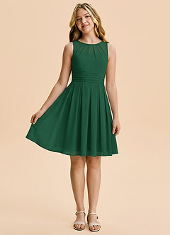 Azazie Bibiane Junior Vestido Verde Oscuro de Gasa de Corte en A con Plisado image3