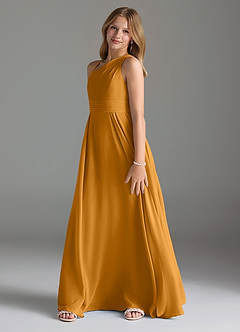 Azazie Dallas Junior Vestido Caramelo de Chiffon de Linha A com Plissado image4