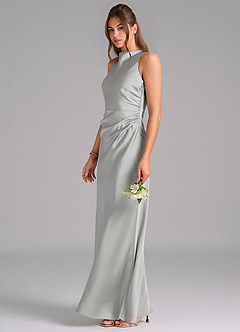 Azazie Evadne Bridesmaid Dresses Silver A-Line Pleated Stretch Satin Dress image1