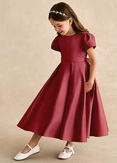 Azazie Princess Flower Girl Dresses Pomegranate A-Line Pleated Matte Satin Dress image1