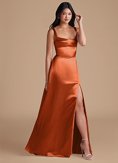 Azazie Hope Bridesmaid Dresses Burnt Orange A-Line with Pockets Metallic Satin Dress image1