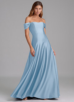 Azazie Seriana Robes de demoiselle d'honneur Robe Trapèze Convertible en Satin extensible Épaule décolletée Poudre Bleue image4