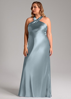 Azazie Doretta Vestidos de damas de honor Vestido de Azul Polvoriento de Satén Metálico de Corte Sirena con Lazo image12