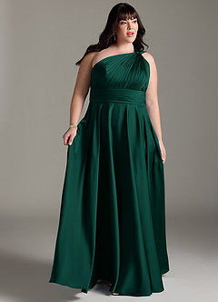 Azazie Charlize Bridesmaid Dresses Emerald A-Line One Shoulder Stretch Satin Dress image11