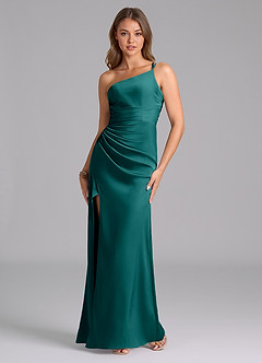 Azazie Eren Bridesmaid Dresses Peacock Mermaid One Shoulder Stretch Satin Dress image2