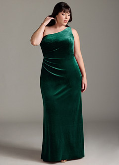 Azazie Argan Bridesmaid Dresses Emerald A-Line One Shoulder Pleated Velvet Dress image8