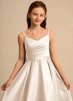 Azazie Sweets Girls Formal Flower Girl Dresses White Alabaster A-Line Pleated Matte Satin Dress image6