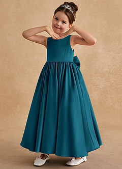 Azazie Bettie Flower Girl Dresses Ink Blue A-Line Bow Matte Satin Dress image2