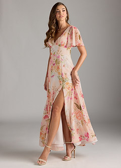 Azazie Kimber Bridesmaid Dresses Abstract Bouquet Floral A-Line Flounce Sleeve Chiffon Dress image3