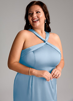Azazie Rue Vestidos de damas de honor Vestido de Azul Pálido de Satén Elástico de Corte Sirena con Plisado image13
