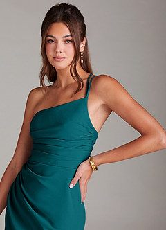 Azazie Eren Jurken voor bruidsmeisjes Jurk van Stretch crêpe met Kolom One-Shoulder Pauw image5
