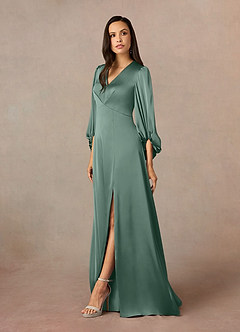 Azazie Luna Mère de la mariée Robes Robe Trapèze en Satin extensible Plissée Eucalyptus image2