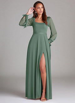 Azazie Leonia Bridesmaid Dresses Eucalyptus A-Line Long Sleeve Mesh Dress image1
