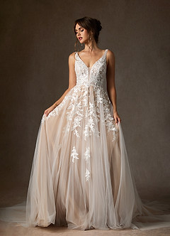 Azazie Sorella Hochzeitskleider A-Linie V-Hals Pailletten Tüll Kleid Diamantweiß Nude image6
