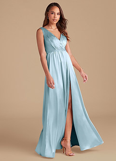 Azazie Tanicia Robes de demoiselle d'honneur Robe Trapèze en Satiné métallisé Plissée Bleu Ciel image4