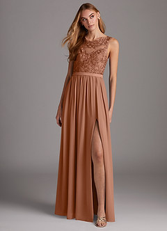 Azazie Elly Bridesmaid Dresses Bronzer A-Line Lace Scoop Neck Chiffon Dress image3