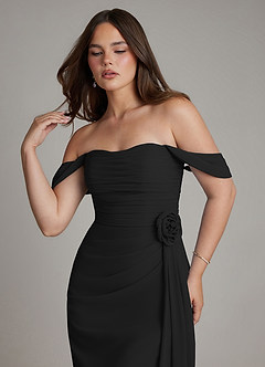 Azazie Ezria Bridesmaid Dresses Black A-Line Off the Shoulder Chiffon Dress image4