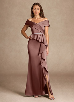 Azazie Dareia Mother of the Bride Dresses Espresso Mermaid Off the Shoulder Stretch Satin Dress image3