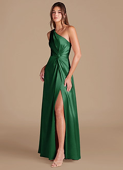 Azazie Brooke Bridesmaid Dresses Dark Green A-Line One Shoulder Metallic Satin Dress image4