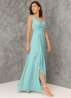 Azazie Kori Bridesmaid Dresses Aqua A-Line Pleated Chiffon Dress image3