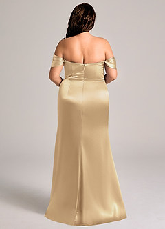 Azazie Saige Bridesmaid Dresses Champagne Sheath Off the Shoulder Metallic Satin Convertible Dress image2