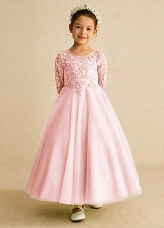 Azazie Precious Flower Girl Dresses Blushing Pink A-Line Lace Tulle Dress image4