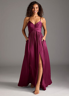 Azazie Alia Bridesmaid Dresses Red Plum A-Line Pleated Stretch Satin Dress image5