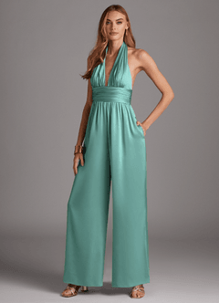 Azazie Oli Vestidos de damas de honor Aqua de Satén Elástico de Mono con Plisado image1