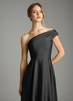 Azazie Melanie Bridesmaid Dresses Black A-Line Off the Shoulder Stretch Satin Dress image6
