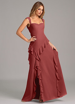Azazie Sloane At-home Try On Dresses Terracotta A-Line Sweetheart Neckline Chiffon Dress image3