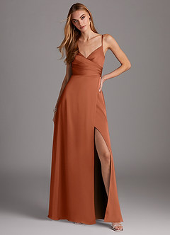 Azazie Calissa Bridesmaid Dresses Cedar Rose A-Line V-Neck Pleated Stretch Satin Dress image3