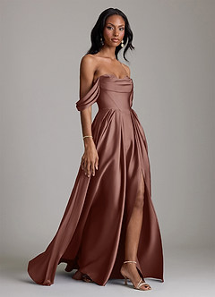 Azazie Loisa Abiti da Damigella Abito A-Line in Raso Elasticizzato a Spalla Scoperta Espresso image6