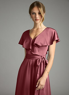 Azazie Lainey Vestidos de damas de honor Vestido de Rosa Del Desierto de Satén Elástico de Corte en A con Con bolsillos image6