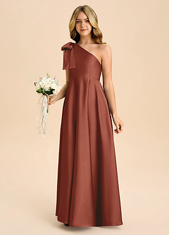 Azazie Penguin Junior Vestido de Castaño de Satén Elástico de Corte en A con Lazo image5