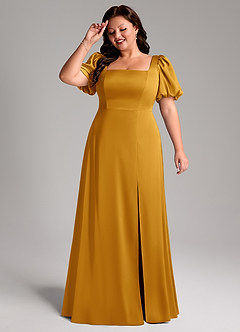 Azazie Fyona Robes de demoiselle d'honneur Robe Trapèze en Satin extensible Plissée Caramel écossais image11