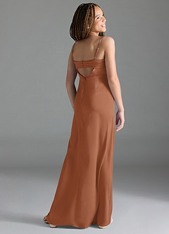 Azazie Leonis Junior Vestido Bronzeador de Cetim elástico de Linha A com Plissado image5