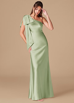 Azazie Capri Robes de demoiselle d'honneur Robe Fourreau en Satiné métallisé Ue épaule Vert Sauge image1
