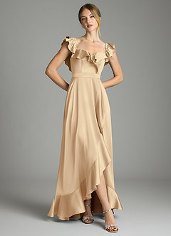 Azazie Lyra Bridesmaid Dresses Champagne A-Line Off the Shoulder Stretch Satin Convertible Dress image3