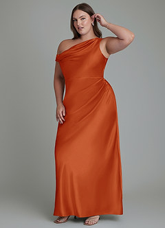 Azazie Emerson Bridesmaid Dresses Paprika Mermaid Off the Shoulder Metallic Satin Dress image4
