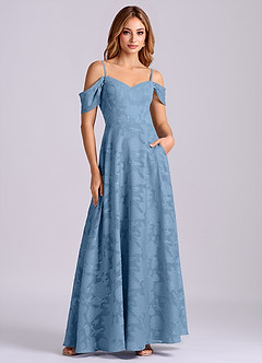 Azazie Marley Final Sale Steel Blue A-Line Off the Shoulder Floral Burnout Convertible Dress image5