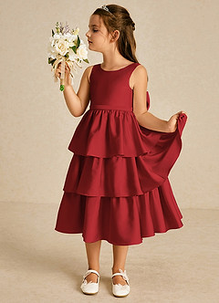 Azazie Margery Blumenmädchenkleider A-Linie Schleifen Stretch-Satin Kleid Granatapfelrot image4