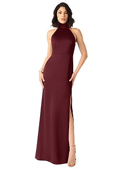 Azazie x Delaney Bridesmaid Dresses Cabernet Sheath High Neck Stretch Satin Dress image1