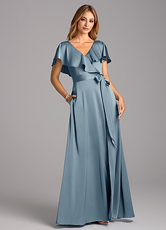 Azazie Lainey Bridesmaid Dresses Dusty Blue A-Line with Pockets Stretch Satin Dress image1