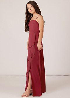 Azazie Kaylee Junior Pomegranate A-Line with Belt Chiffon Dress image3