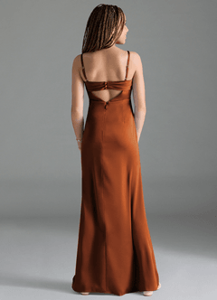 Azazie Leonis Junior Cinnamon A-Line Pleated Stretch Satin Dress image2
