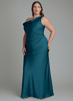 Azazie Emerson Bridesmaid Dresses Ink Blue Mermaid Off the Shoulder Stretch Satin Dress image11