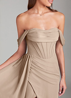 Azazie Amyra Bridesmaid Dresses Taupe Sheath Off the Shoulder Chiffon Convertible Dress image5
