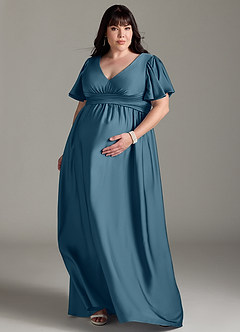 Azazie Verna Maternity Bridesmaid Dresses A-Line Ruched Stretch Satin Floor-Length Dress image9