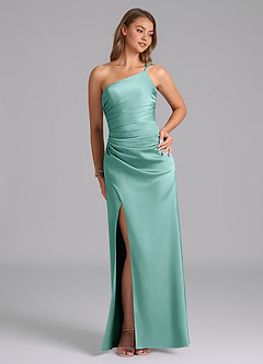 Azazie Eren Bridesmaid Dresses Aqua Mermaid One Shoulder Stretch Satin Dress image4